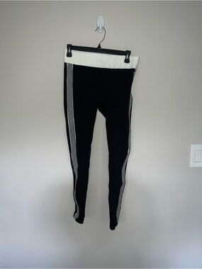 Black Leggings with White Waistband and Side Stripe Stretchy Work pants Zara M